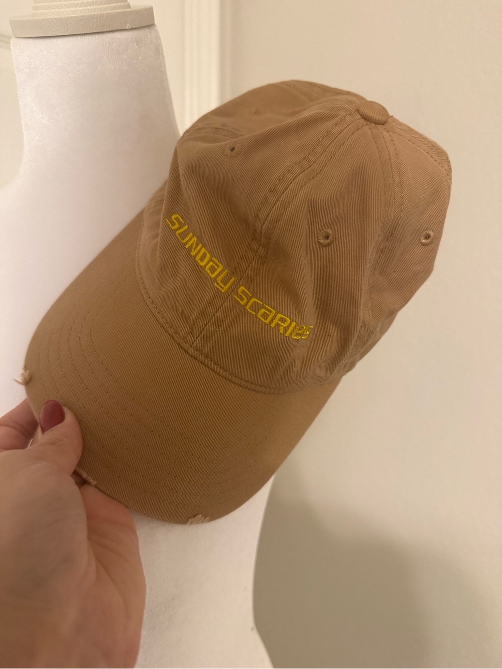 aerie Tan Distressed Baseball Hat with Yellow Embroidery